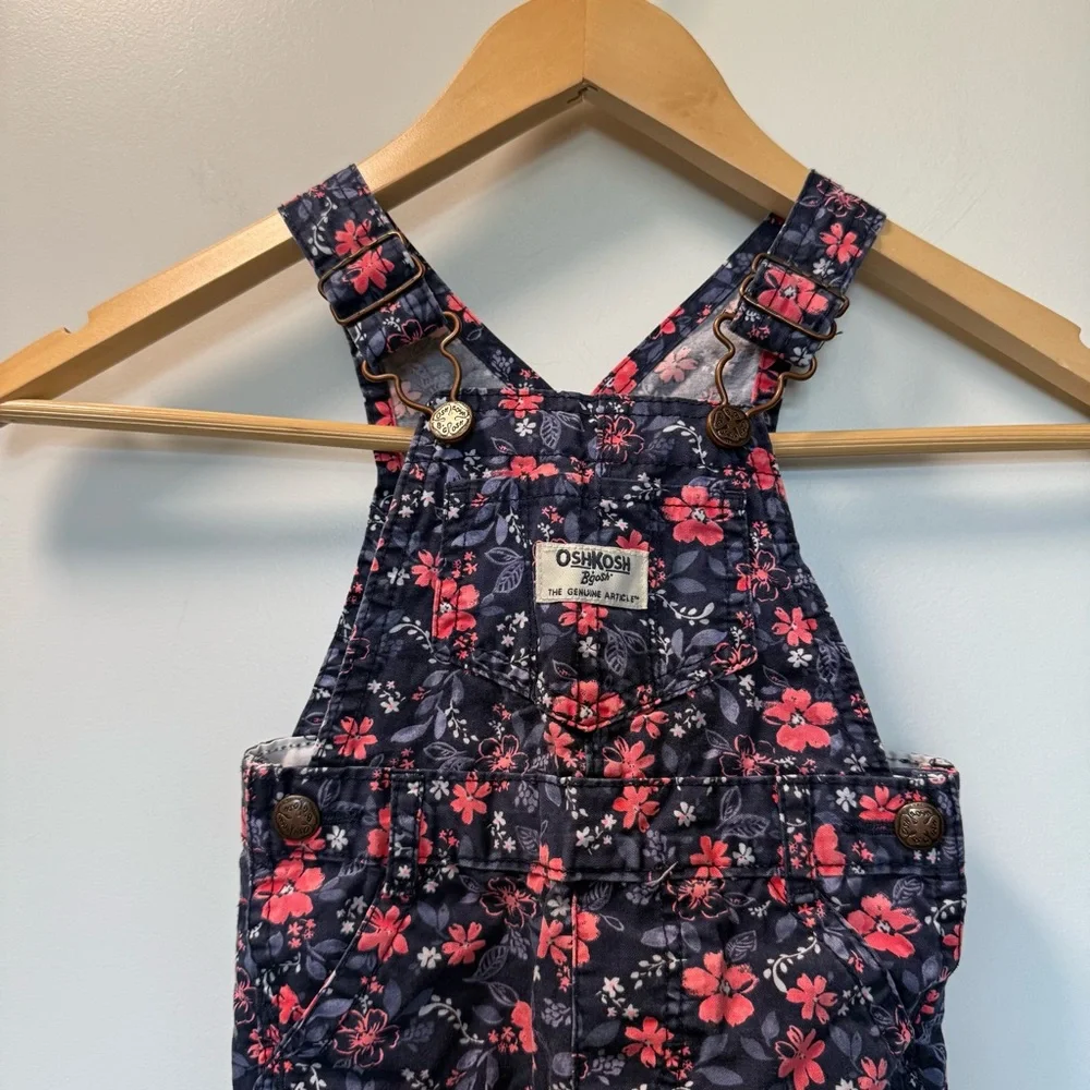Oshkosh B'Gosh Girls Navy‎ Blue Pink Floral Overall Denim 12 Months
